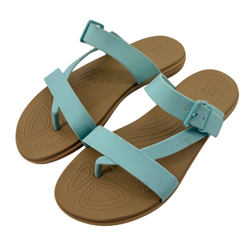 Crocs Tulum Toe Post Sandal Flip Flop Light Blue Tan Women 6 Buckle Straps